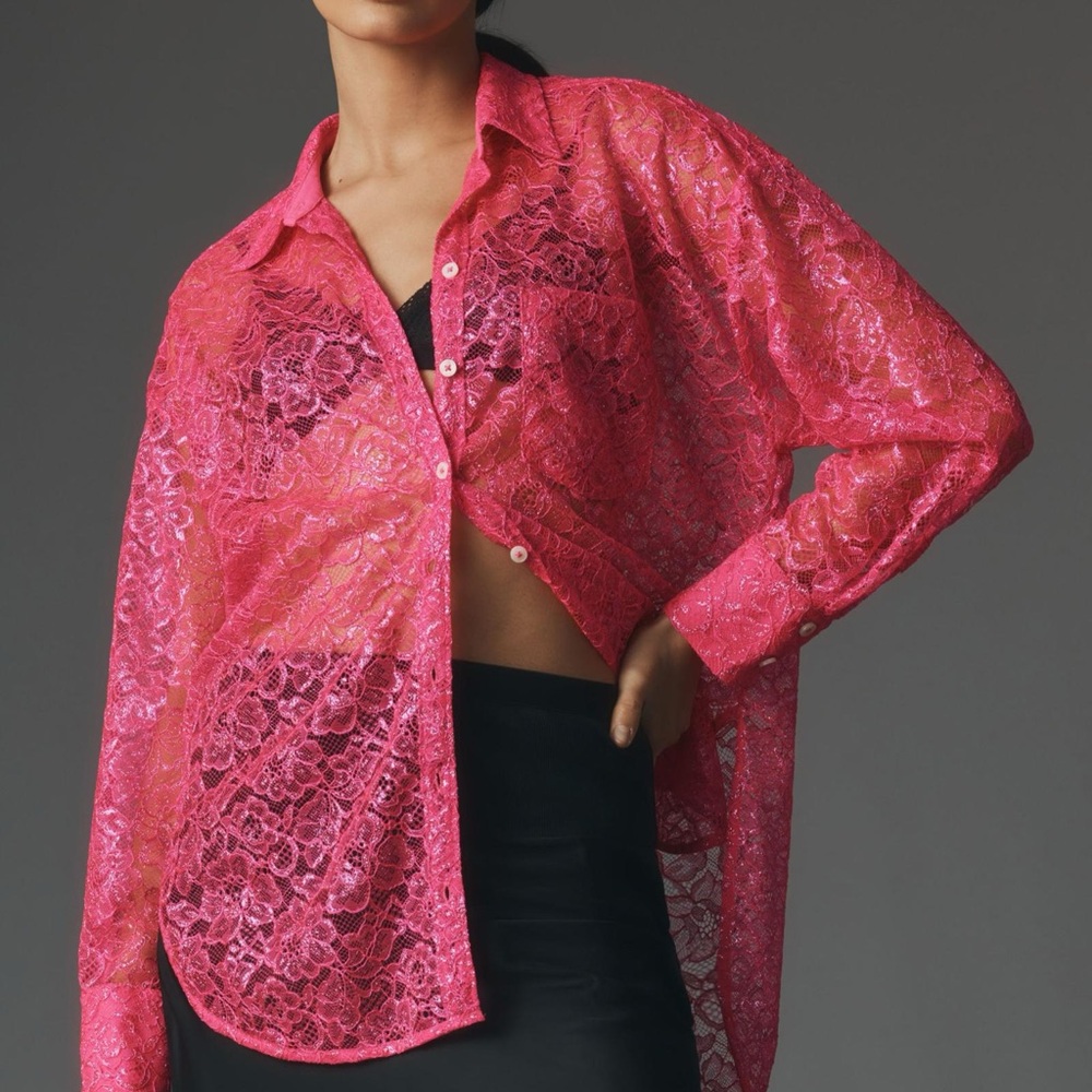 By Anthropologie Metallic Lace Buttondown Shirt